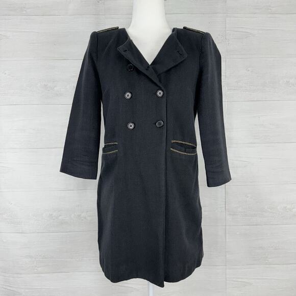 MAJE Double Breasted Coat Jacket Size 38 US M Military Black Preppy Academia - Picture 1 of 15